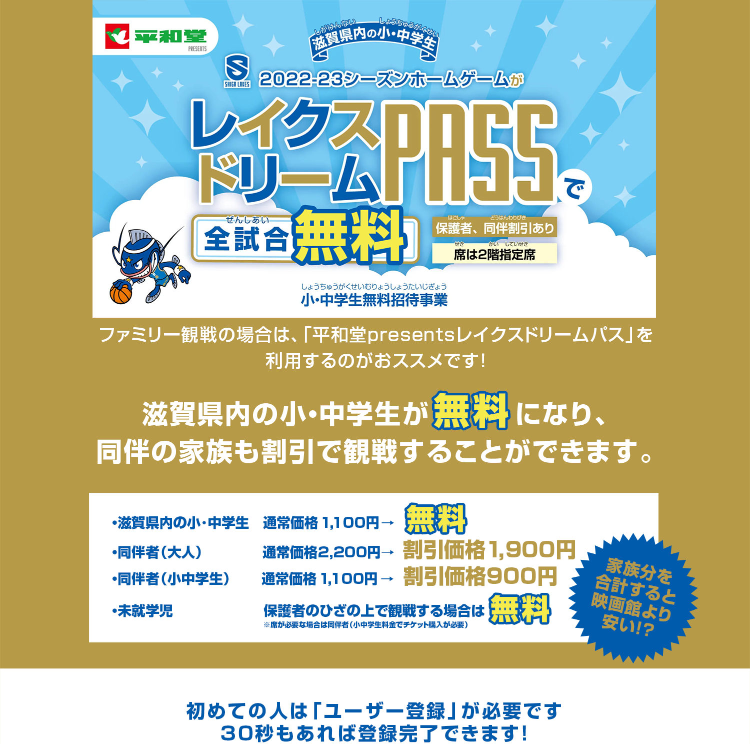 レイクスドリームパスで全試合無料 小中学生無料招待事業 11/26・27は「ファミリー無料招待デイ