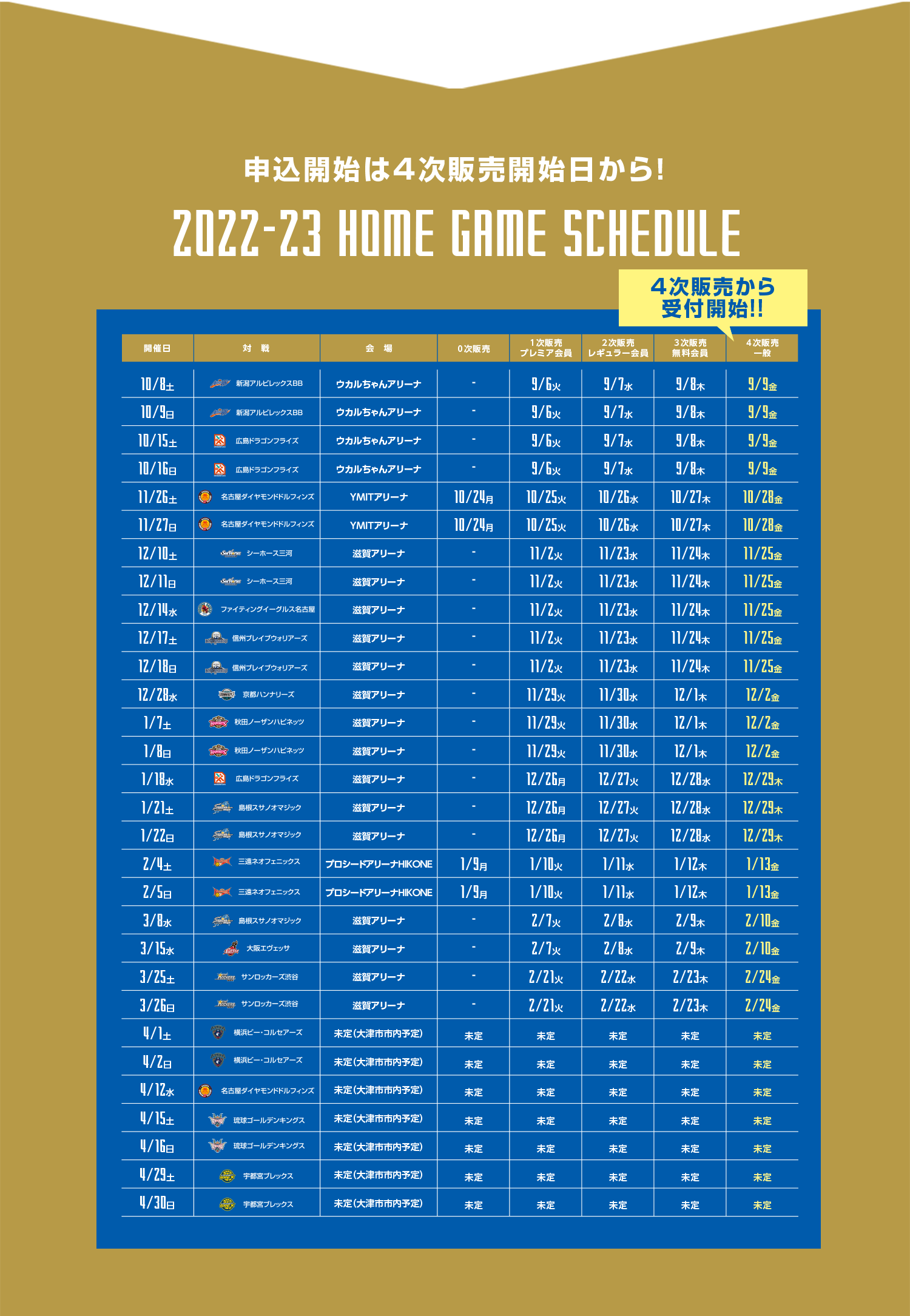 申込開始は4次販売開始日から!2022-23ホームゲームスケジュール