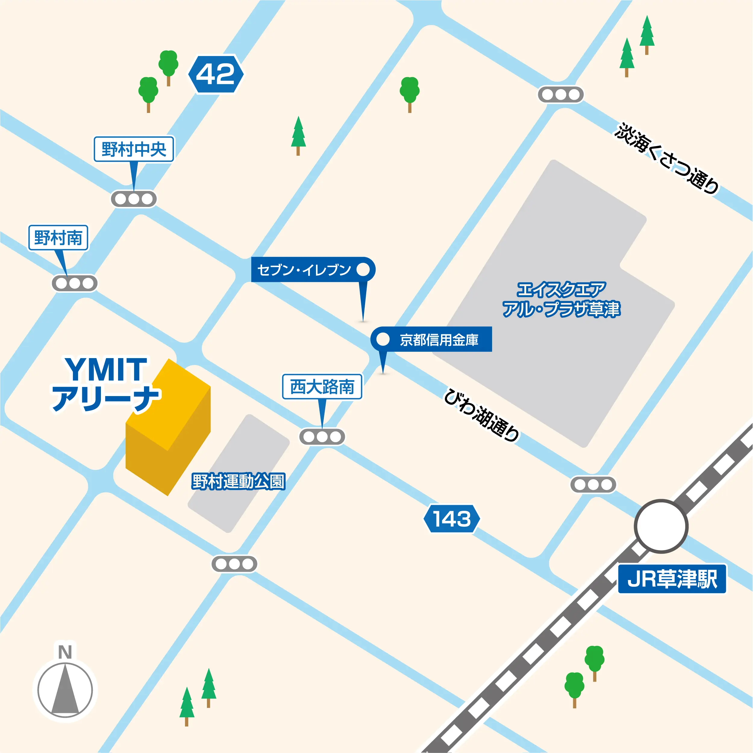 YMITアリーナ周辺エリアマップ:YMITアリーナは野村運動公演の隣に位置し、最寄り駅はJR草津駅です